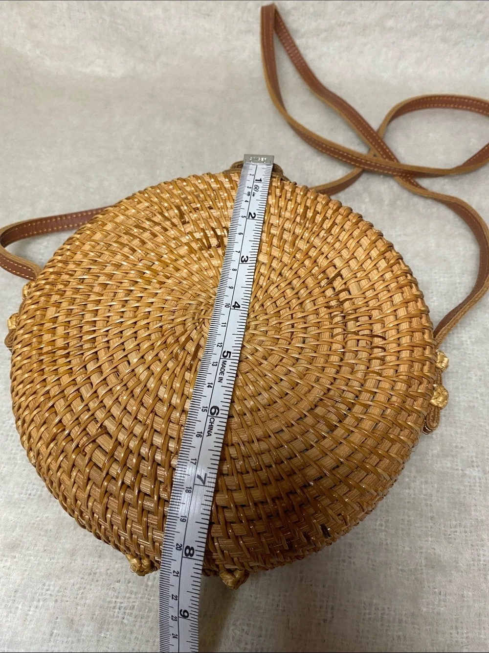 Round Woven Crossbody Bag in Tan - Picture 6 of 6